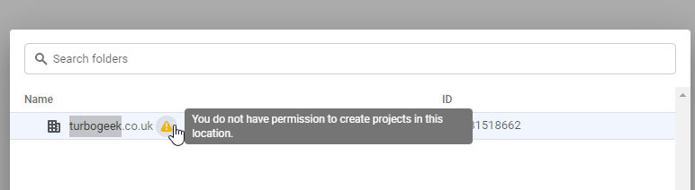 , &#8220;You do not have permission to create projects in this location&#8221;