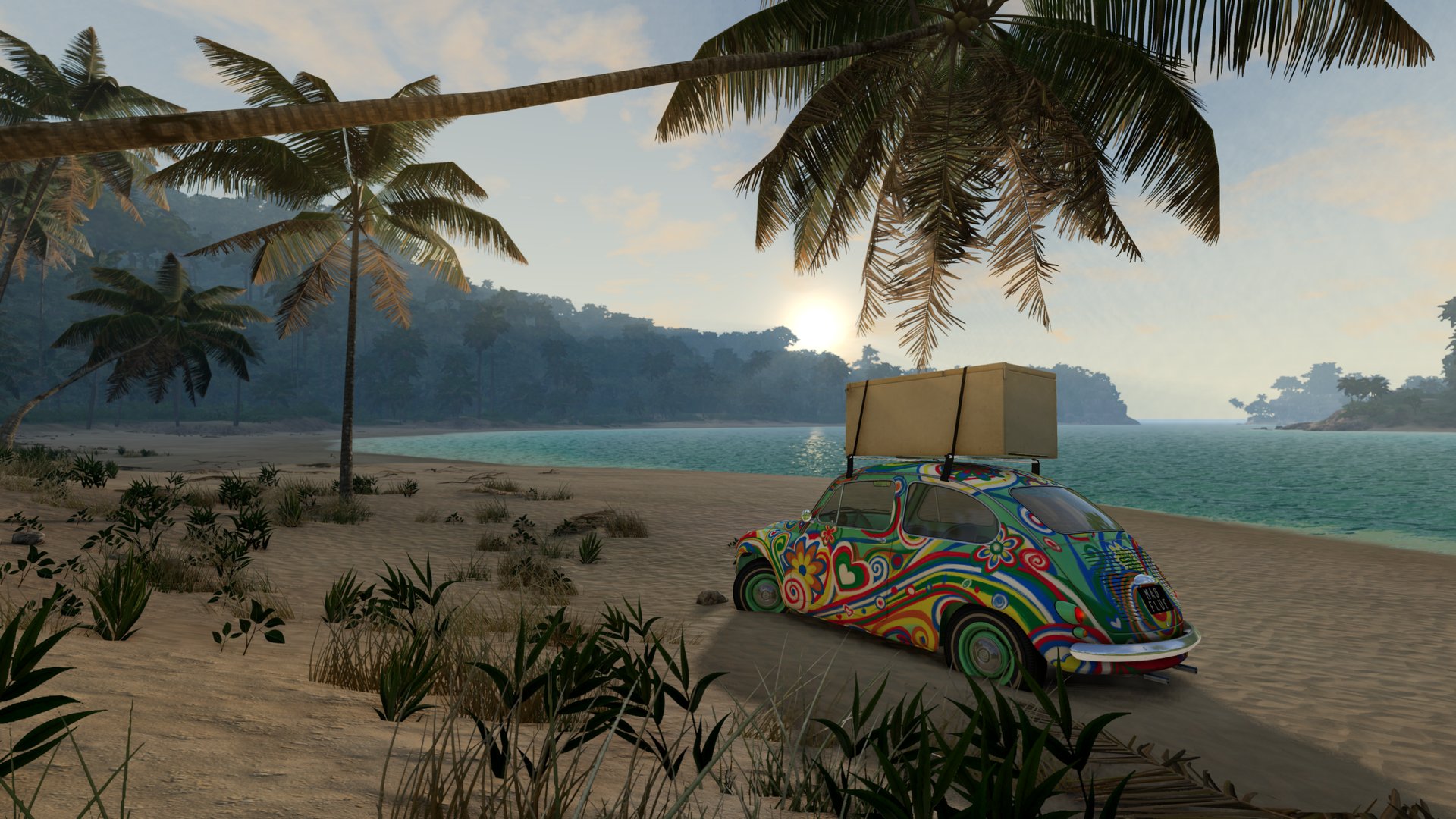 BeamNG.drive screenshot showing a VW Beetle on a tropical beach