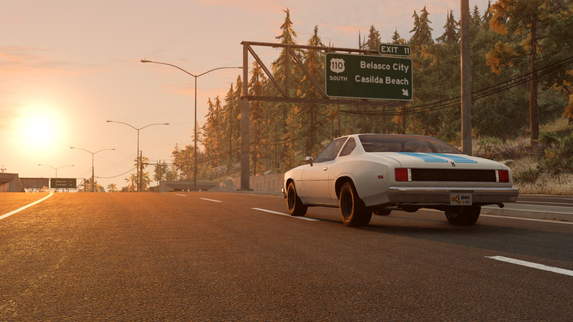 BeamNG.drive screenshot showing a muscle car driving at sunset