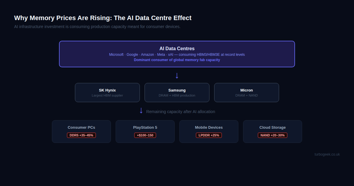 Memory supply chain flow diagram showing AI data centres consuming capacity from SK Hynix, Samsung, and Micron, leaving reduced supply for consumer PCs, PlayStation 5, mobile devices, and cloud storage