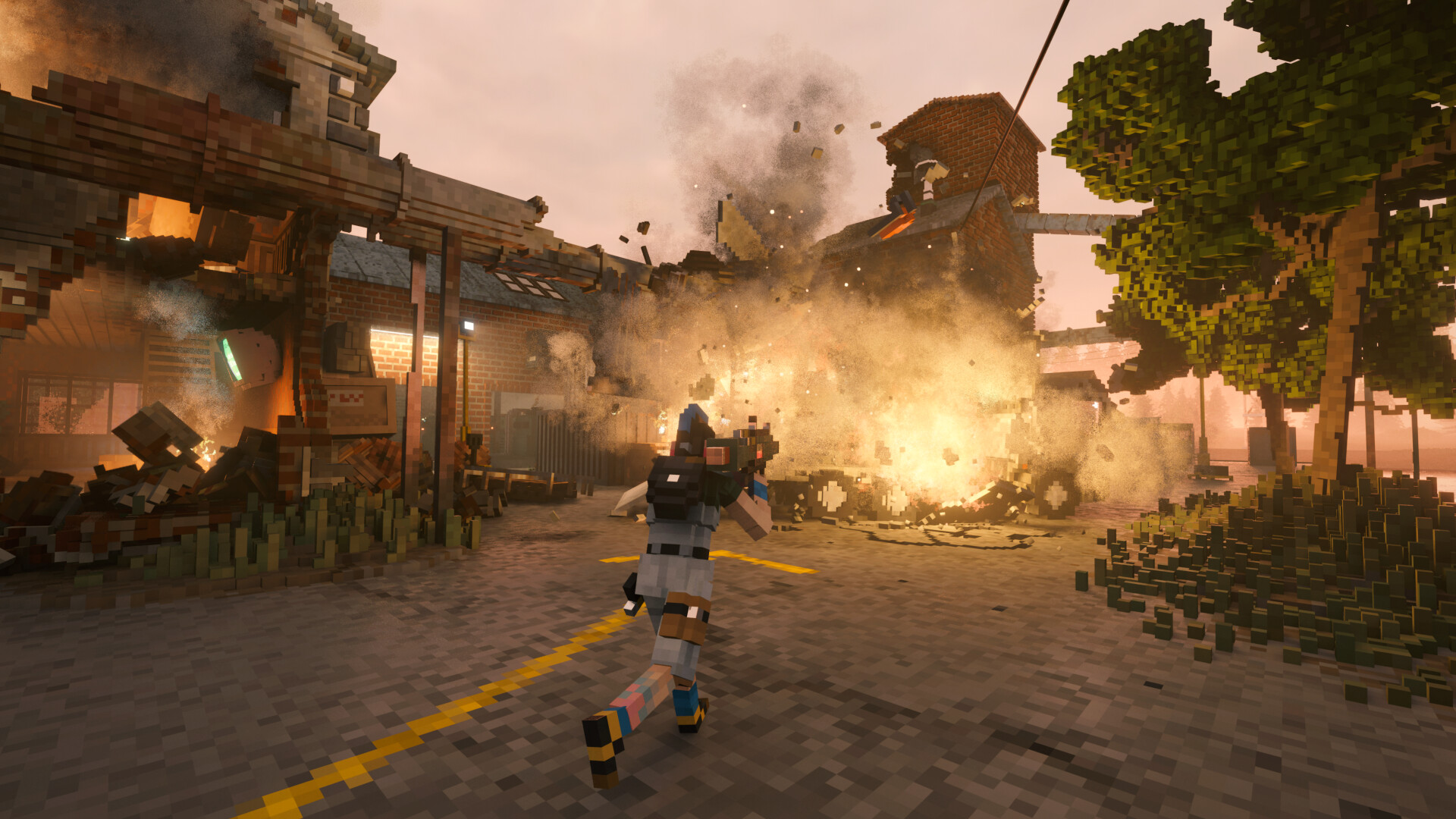 Teardown gameplay screenshot showing voxel destruction with explosions in a destructible town