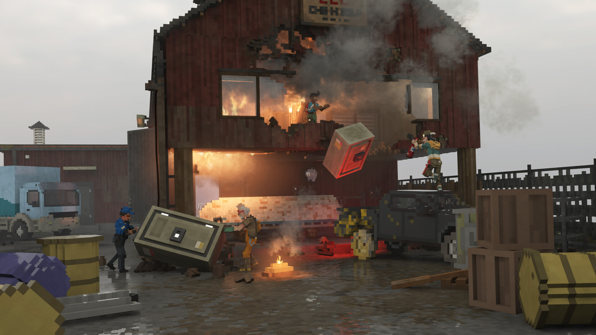 Teardown gameplay screenshot showing building destruction with debris and fire