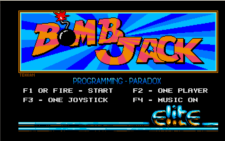 BombJack-01-Turbogeek Bomb Jack title screen with the Elite Systems logo and start menu