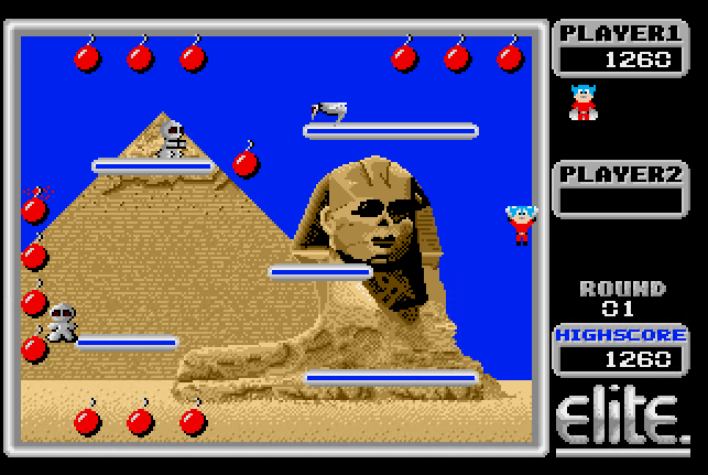 Bomb Jack gameplay on the pyramid stage with bombs spread across the platforms