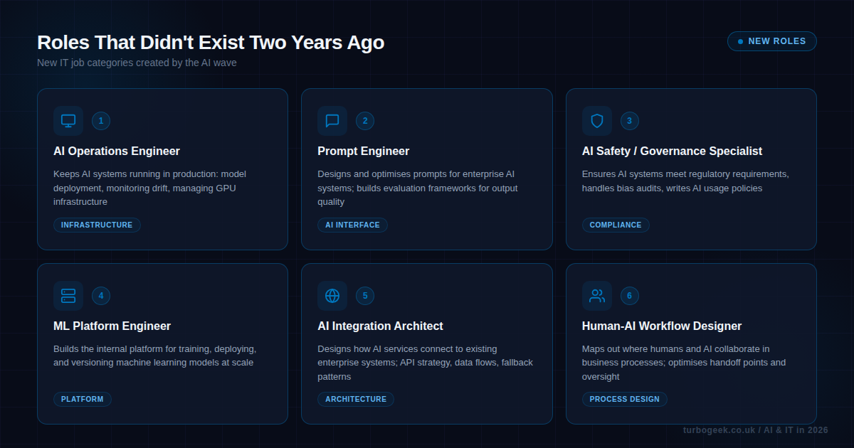 Infographic showing six new IT roles that emerged in the last two years — AI operations engineer, prompt engineer, AI safety and governance specialist, ML platform engineer, AI integration architect, and human-AI workflow designer