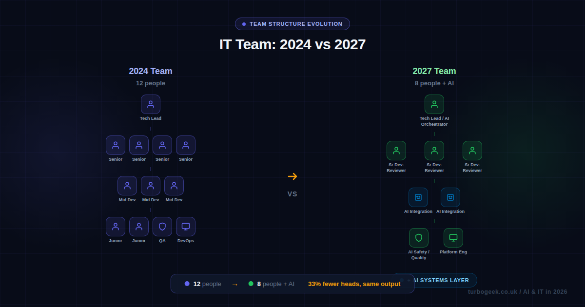 Team structure comparison showing a 12-person 2024 team versus an 8-person 2027 AI-augmented team with new roles like AI Orchestrator and AI Integration Specialist