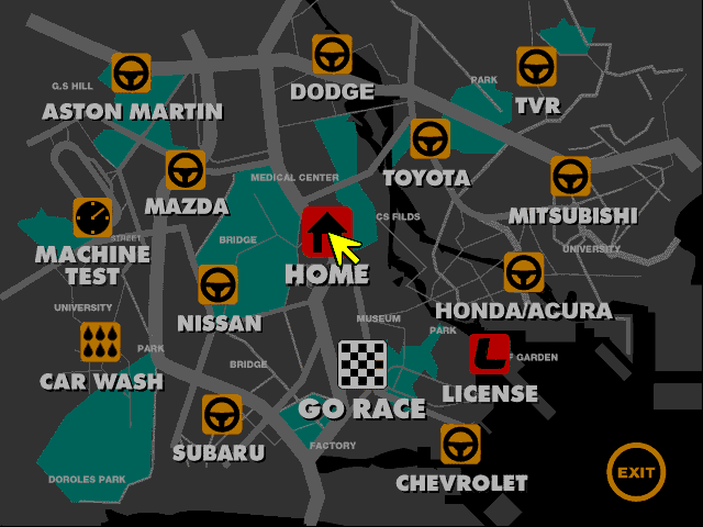 Gran Turismo simulation mode garage menu for buying cars and managing progression.