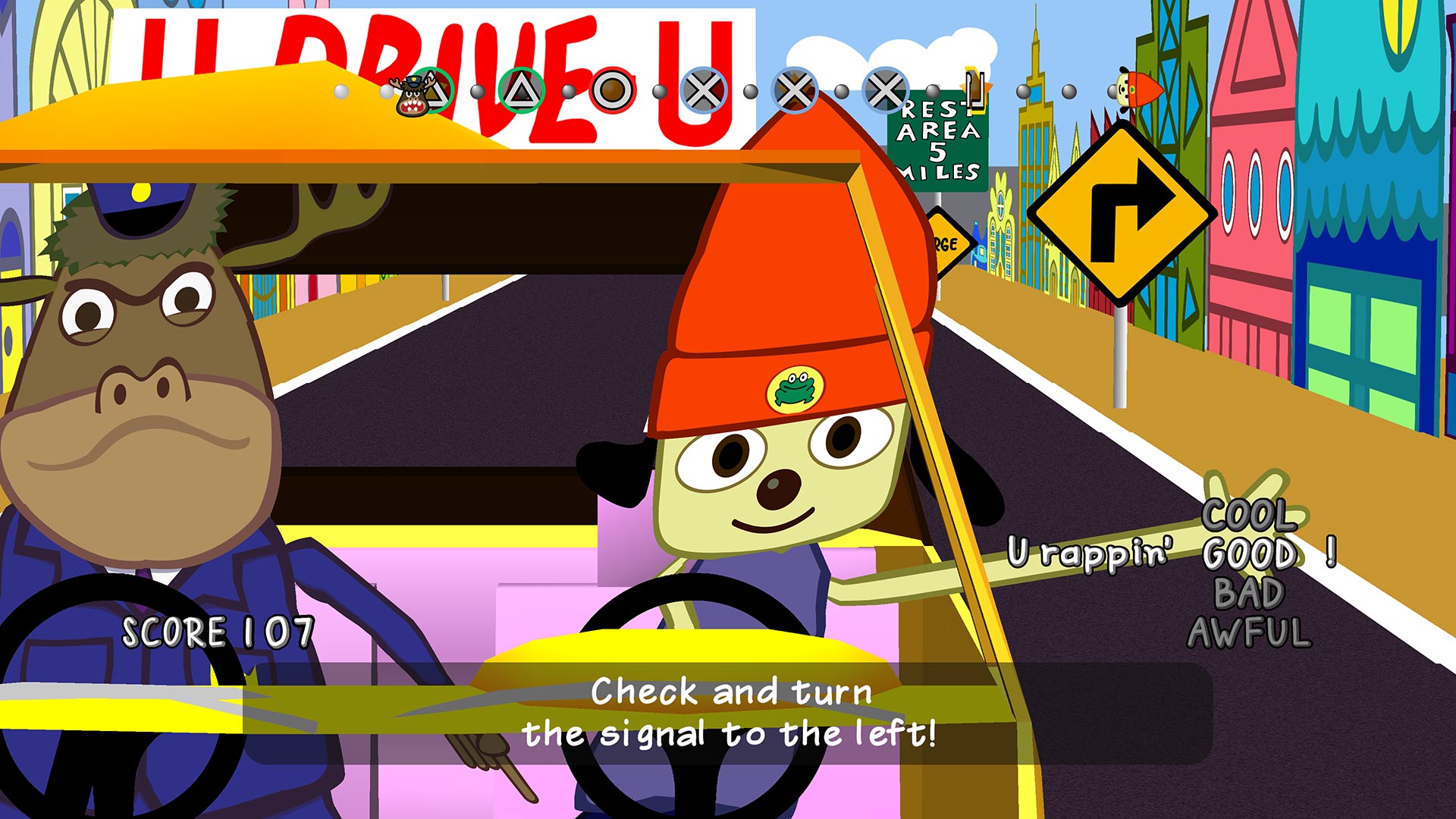 PaRappa the Rapper driving-test stage with Instructor Mooselini and on-screen timing prompts