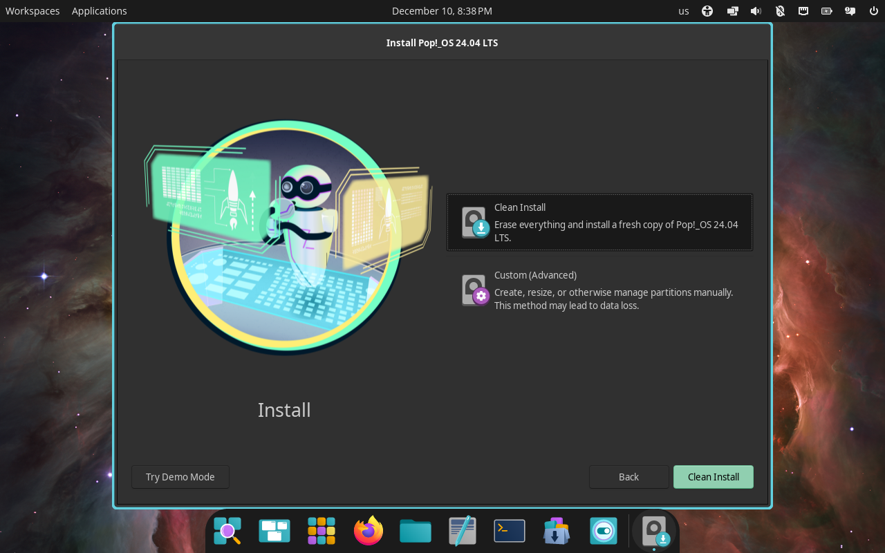 Official System76 installer screenshot showing the Try or Install screen for Pop!_OS.