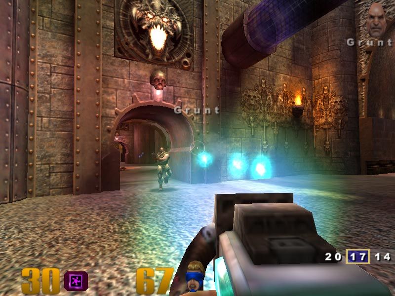 Quake III Arena first-person duel in a gothic arena corridor.