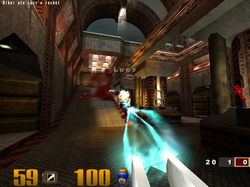 Quake III Arena lightning gun attack connecting with an opponent in close combat.