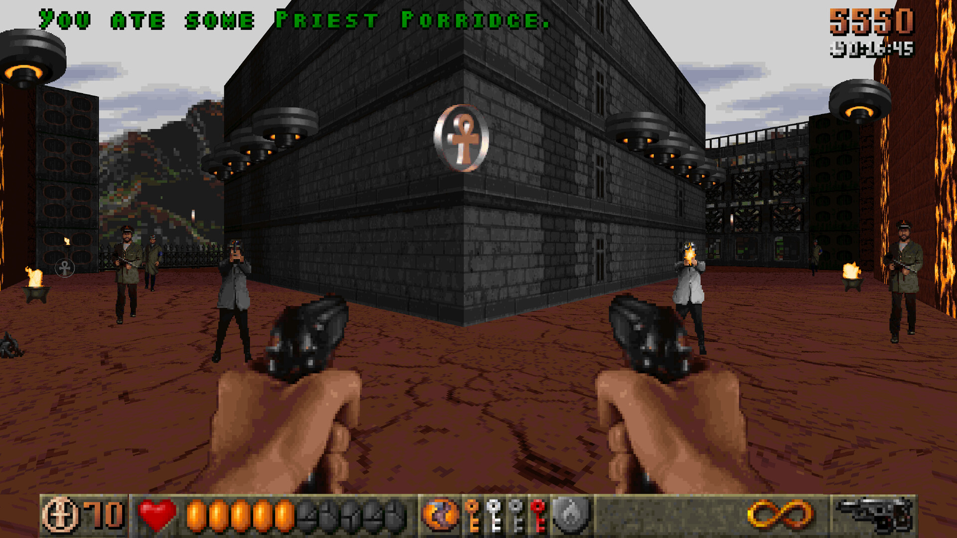 Rise of the Triad gameplay showing twin pistols, enemy gunfire, and pickup icons in an outdoor arena