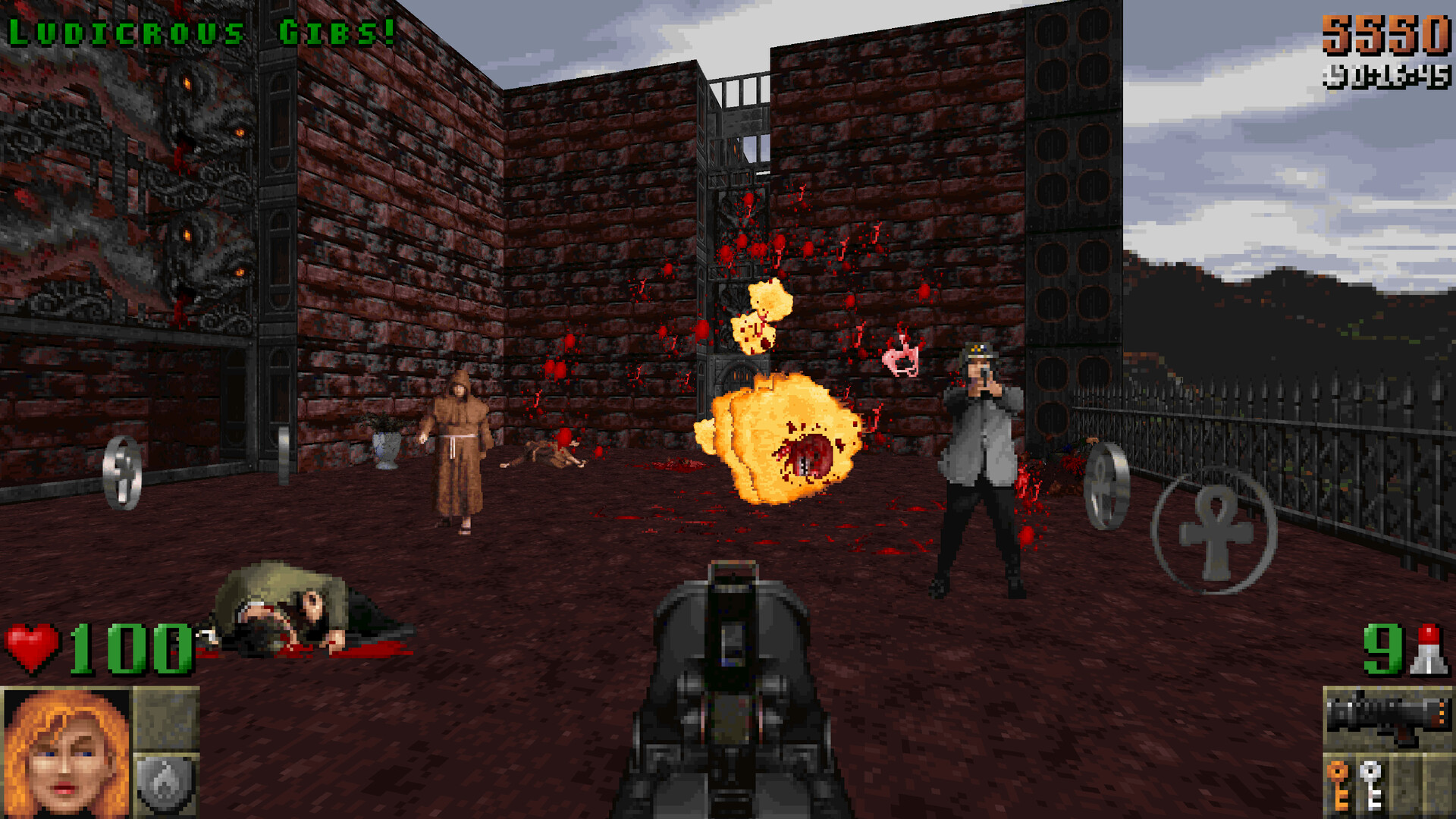 Rise of the Triad gameplay showing an explosive firefight against cult enemies in a courtyard