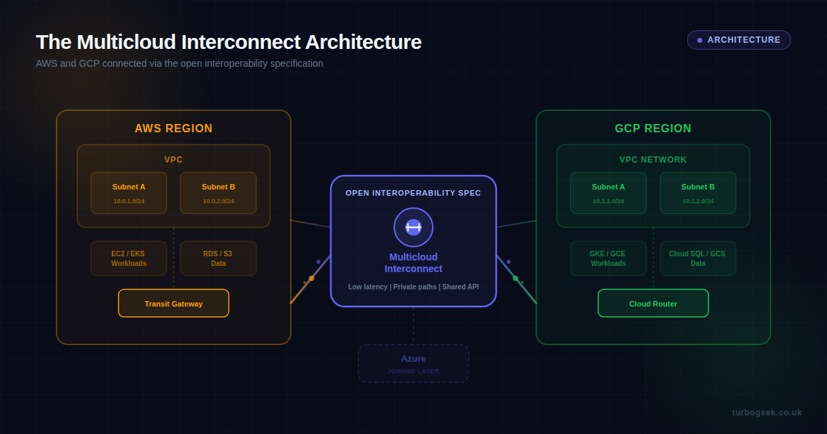 Architecture diagram showing AWS VPC connected to GCP VPC via the multicloud interconnect with open interoperability specification