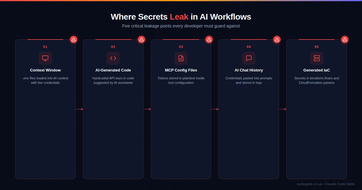Where secrets leak in AI workflows -- five critical leakage points from context window to generated infrastructure as code