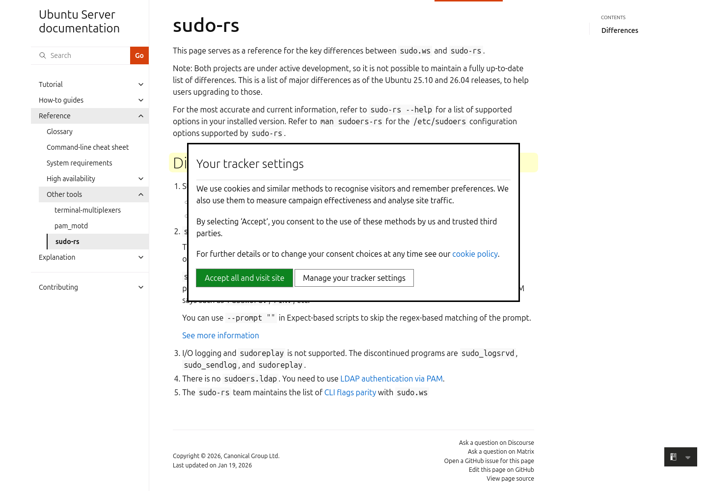 Screenshot of Ubuntu Server documentation listing major sudo-rs differences.