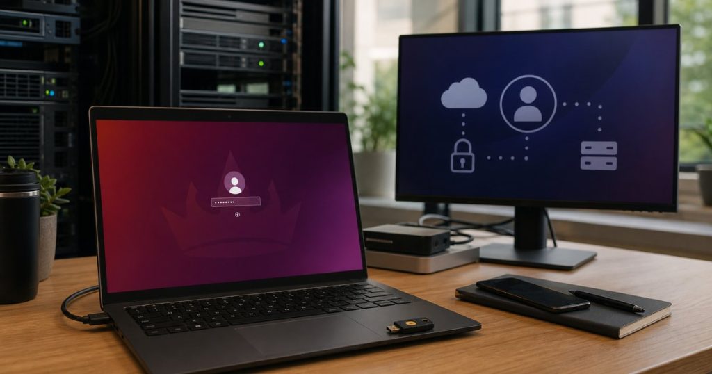 Linux administrator workstation showing cloud login and hardware security key setup.