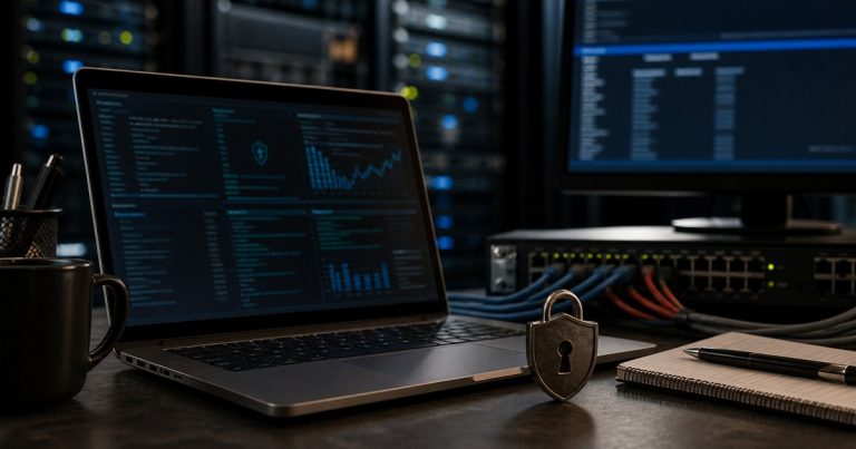 Linux security administrator workstation with server equipment and patching context.