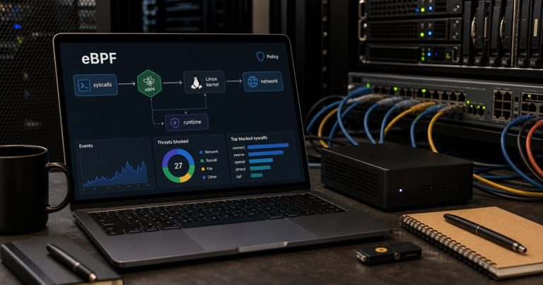 eBPF Linux security dashboard on a workstation beside server and network hardware.