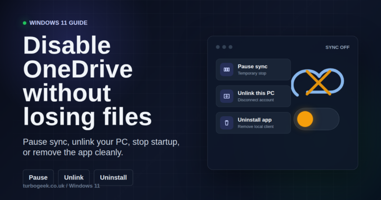 Dark header image for disabling OneDrive on Windows 11