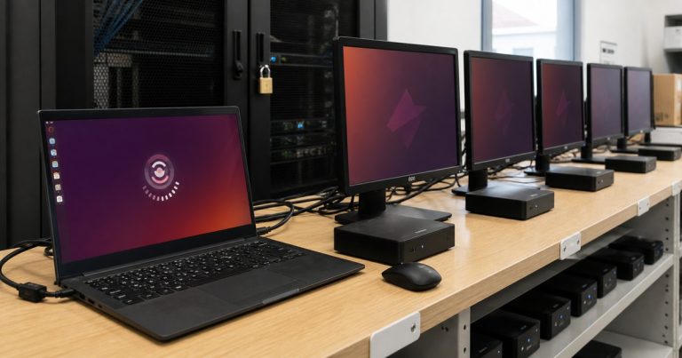 Managed Linux desktop deployment bench with multiple endpoints and admin laptop.