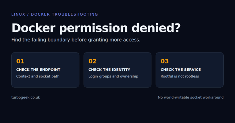 Three checks for Docker permission errors: endpoint and socket, user groups and ownership, then rootful or rootless service.